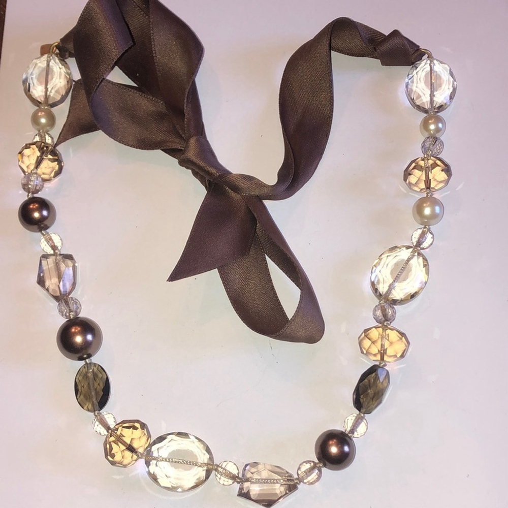 Brown Clear Amber Beaded Boho Bow Tie Adjustable Necklace
